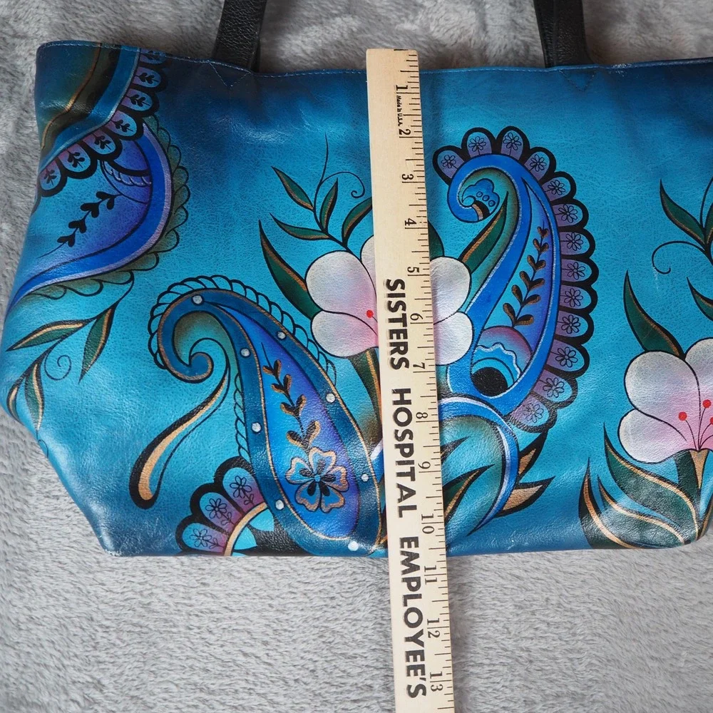 Anna By Anuschka Women's Hand Painted Leather Tote Bag Purse Floral Paisley Boho
